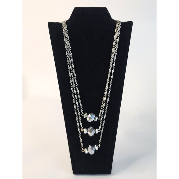 Silver Tone Triple Strand Necklace w Facet Rhinestone Beads 18" - Picture 1 of 5